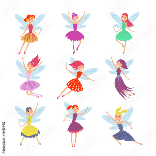 Flying fairy girls with angle wings vector characters set