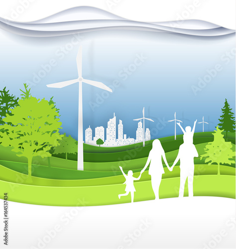family and green city for  life.The eco-friendly city vector paper art illustration paper cut.eps