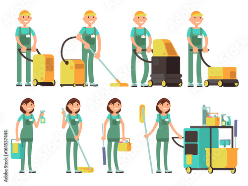 Cleaner vector characters with cleaning equipment. Cleaning company team in uniform vector set