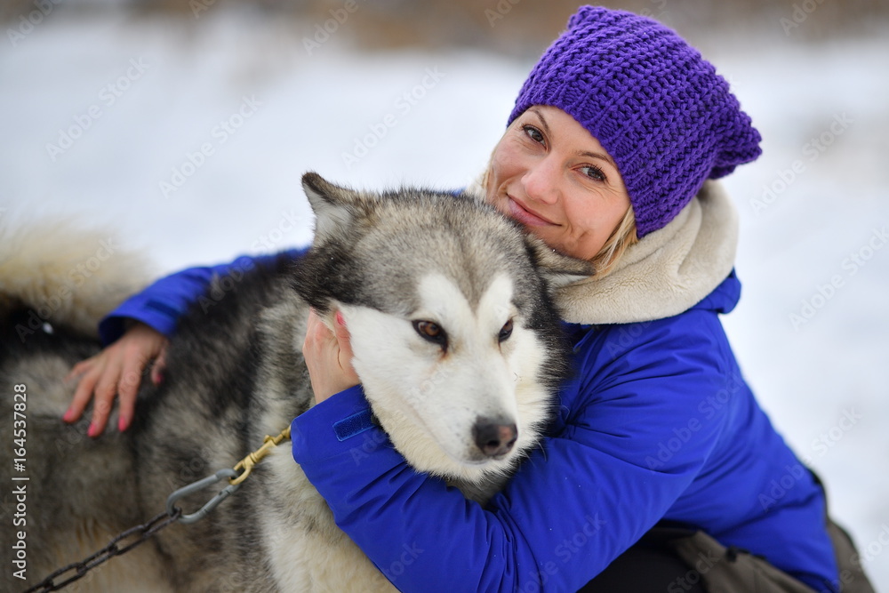 Smiling young woman hugging husky dog Smiling young woman hugging husky dog