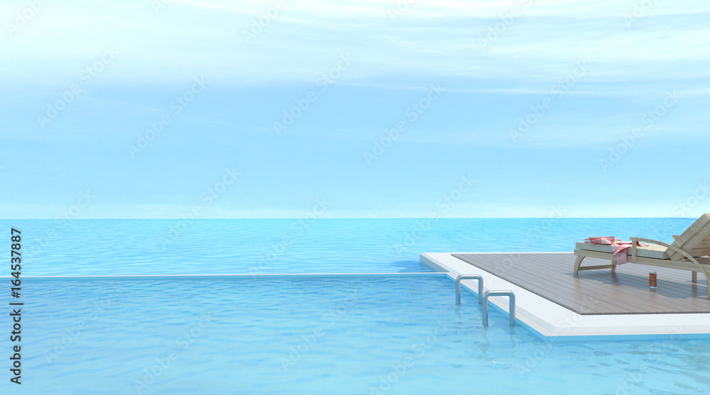 Sunbathing deck and Wood sofa with swimming pool and sea 3d rendering Vacation time
