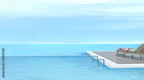 Sunbathing deck and Wood sofa with swimming pool and sea 3d rendering Vacation time © kanok