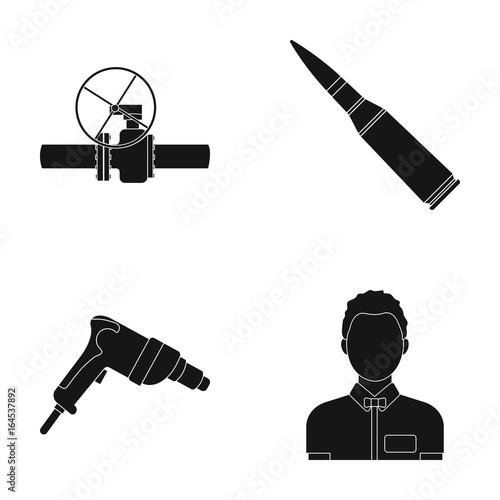 Gate valve, chuck and other web icon in black style.drill, male icons in set collection.
