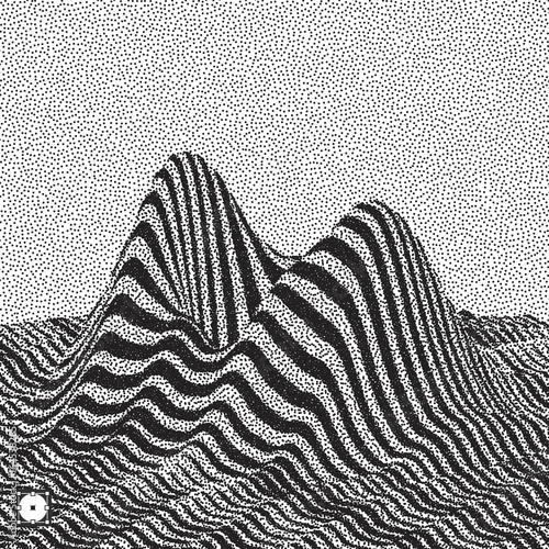 Landscape background. Terrain. Black and white grainy dotwork design. Pointillism pattern with optical illusion. Stippled vector illustration.