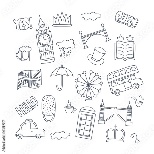 Wall Mural Hand drawn patch badges with United Kingdom symbols - bus crown cloud hat flag umbrella cup of tea, red telephone box Tower bridge Big Ben