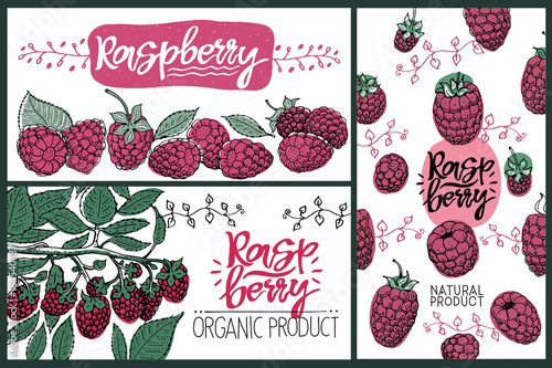 Raspberry party. Set of cute creative card templates with raspberry. Hand Drawn vector backgrounds for cafe or organic shops.