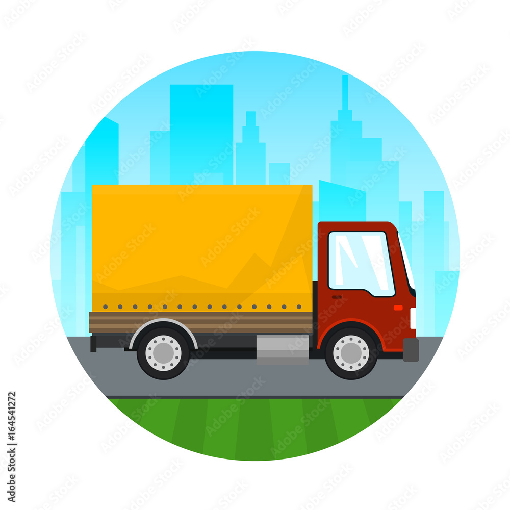 Transportation and Cargo Services, Icon Red Orange Cargo Delivery Truck on the Background of the City, Shipping and Freight of Goods, Vector Illustration