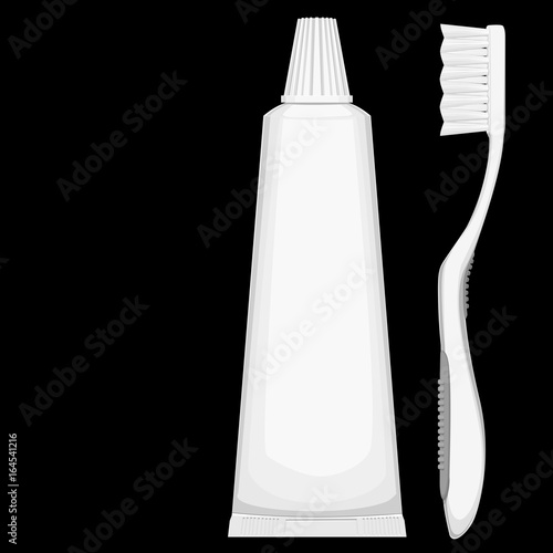 Isolated toothpaste and toothbrush with out pattern on black background
