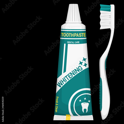 Isolated toothpaste and toothbrush with color pattern on black background
