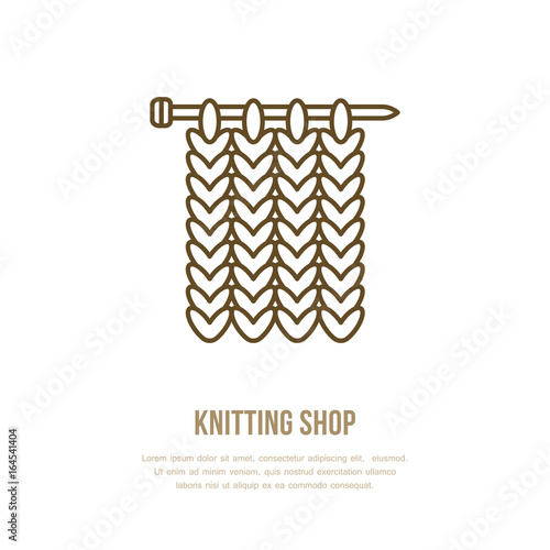 Knitting vector icon in modern flat line style. Elements - yarn  knit needle. Outline symbol for shops  clubs. Cute design element for sites. Hand made business logo.