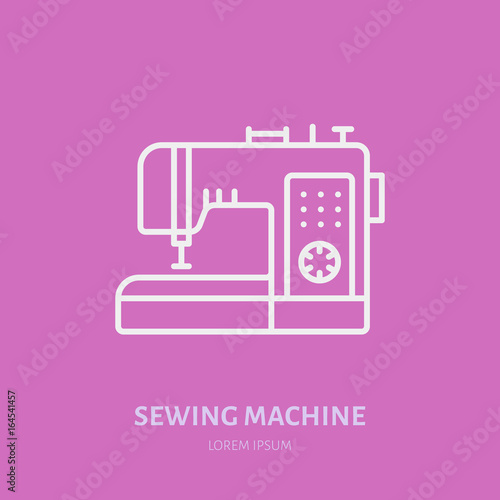 Sewing machine flat line icon, logo. Vector illustration of tailor supplies for hand made shop or dressmaking service.