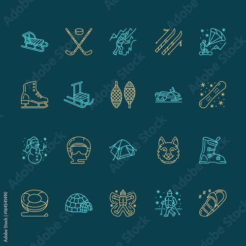 Cute thin line icons of winter sports. Outdoor activities vector elements - snowboard, hockey sled, skates, snow tubing, ice kiting. Linear pictogram with editable stroke for equipment rent ski resort