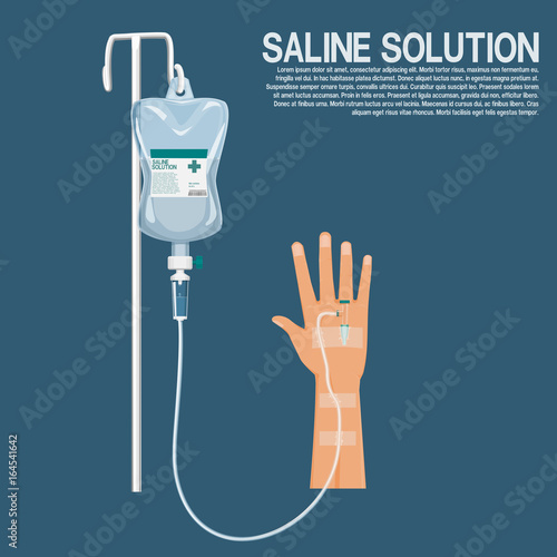 isolated saline solution with hand on blue background
