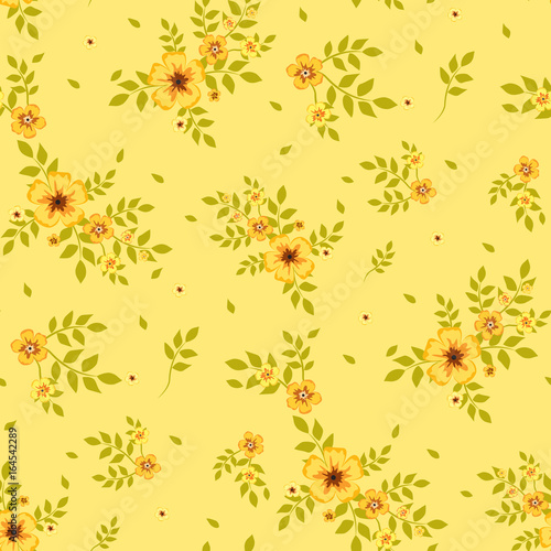 Seamless floral pattern. Background in small yellow flowers on a yellow  background for textiles, fabric, cotton fabric, covers, wallpaper, print,  gift wrapping, postcard, scrapbooking. Stock Vector | Adobe Stock