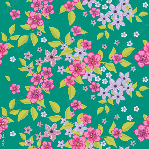 Seamless floral pattern. Background in small pink flowers on a green background for textiles, fabric, cotton fabric, covers, wallpaper, print, gift wrapping, postcard, scrapbooking.