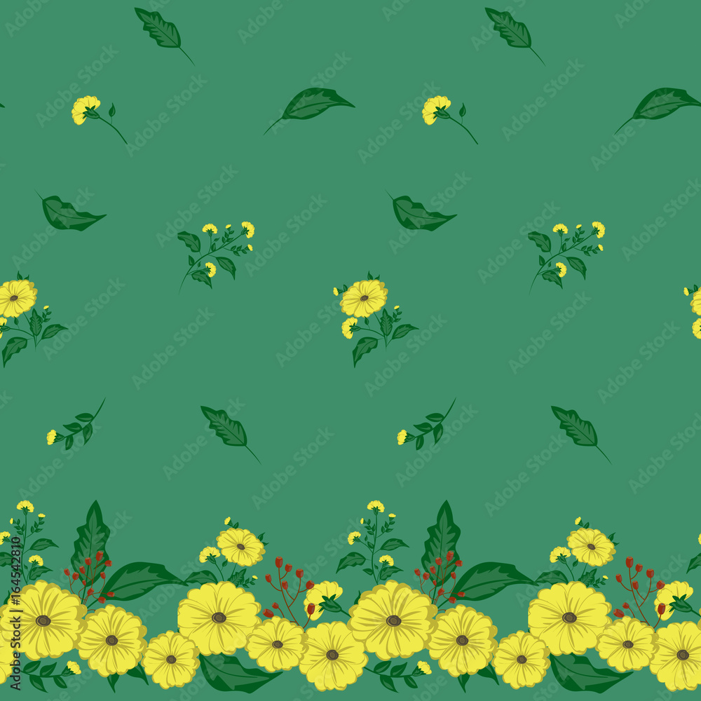 Seamless floral pattern. Background in small yellow flowers on a green background for textiles, fabric, cotton fabric, covers, wallpaper, print, gift wrap, postcard, scrapbooking.