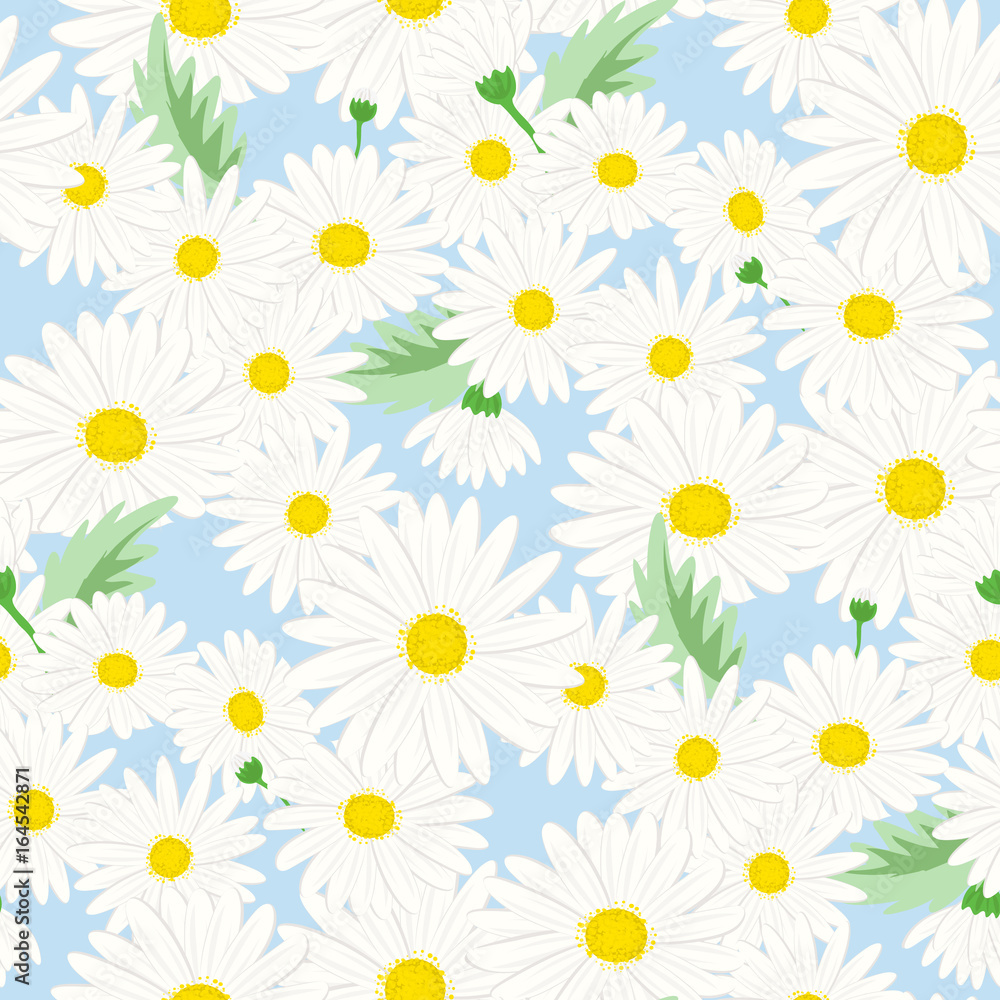 Seamless floral pattern. Background in small daisy flowers on a blue background for textiles, fabric, cotton fabric, cover, wallpaper, print, gift wrap, postcard, scrapbooking. Seamless floral pattern. Background in small daisy flowers on a blue background for textiles, fabric, cotton fabric, cover, wallpaper, print, gift wrap, postcard, scrapbooking.