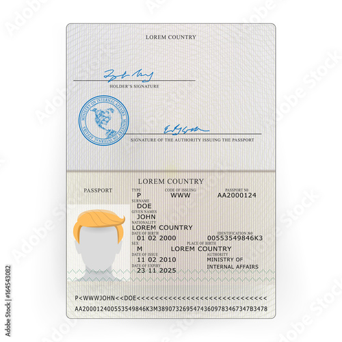 International Passport Vector. Sample Personal Data Page. International Identification Document.