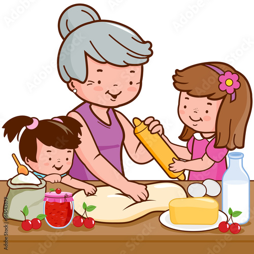 Grandmother and children cooking in the home kitchen. Vector illustration