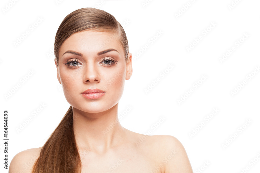 Beautiful model with natural make-up on white background. Studio photo Beautiful model with natural make-up on white background. Studio photo