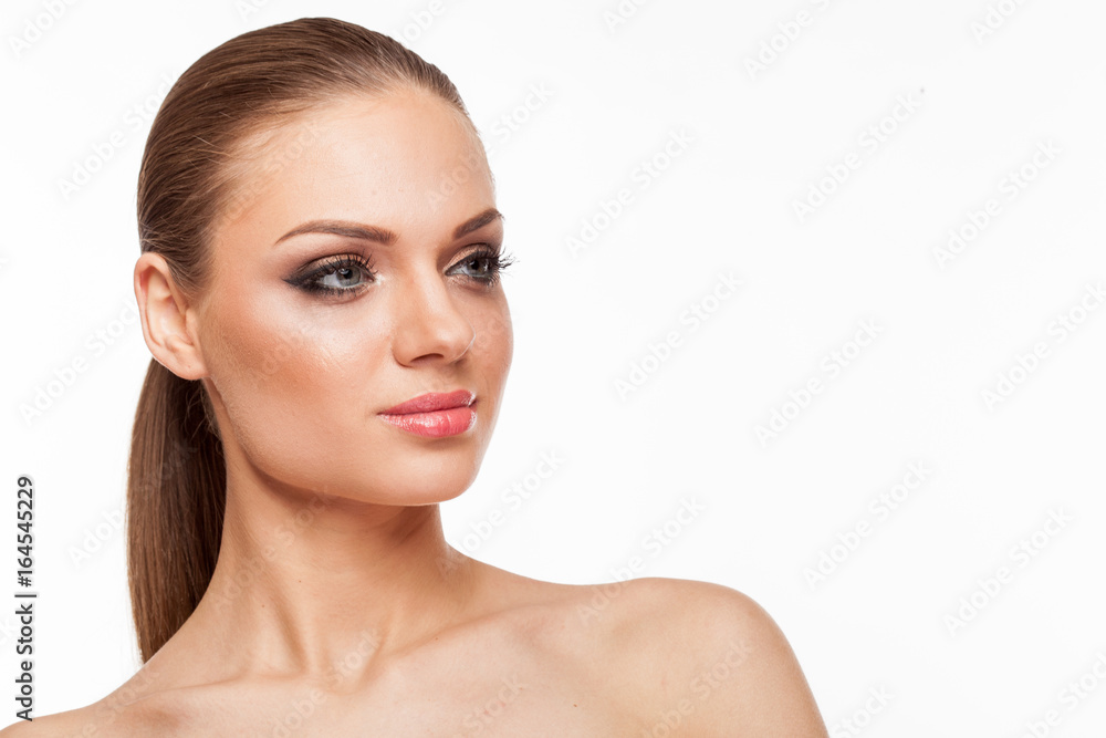 Blonde model with professional make up on white background Blonde model with professional make up on white background