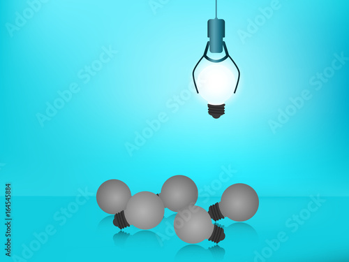 Stand out from the crowd. Choose outstanding glowing light bulb. Business success concept. Uniqueness, leadership, independence, initiative, strategy, dissent, think different, research.