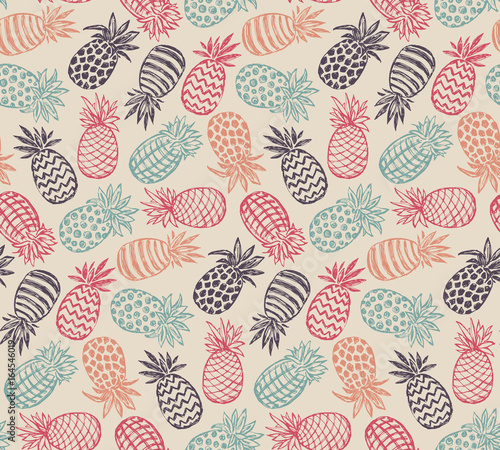 Vector seamless pattern with ornate pineapple fruits