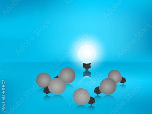 Stand out from the crowd. Outstanding glowing light bulb. Business success concept. Uniqueness, leadership, independence, initiative, strategy, dissent, think different, research.