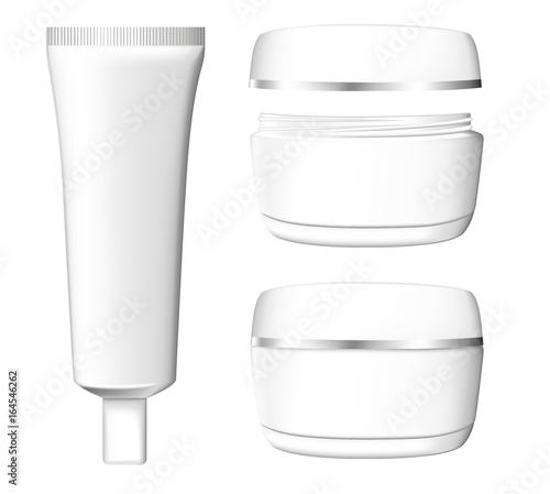 Blank white cosmetics product packaging vector set, cream tube, shampoo bottle, cream container isolated on white backgorund. Plastic bottle mockup illustration Web site page and mobile app design.