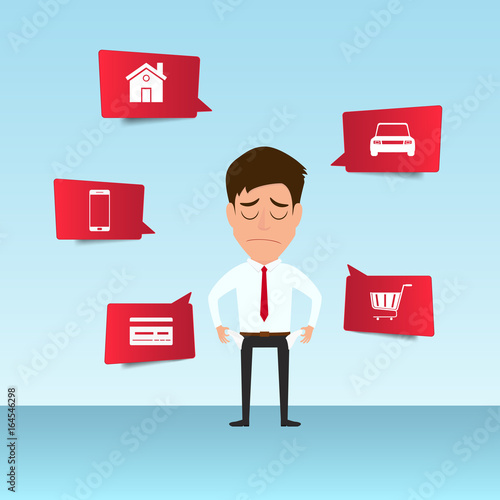 Businessman show his empty pocket feels headache and worried about paying a lot of bills. Businessman no money. debt concept.