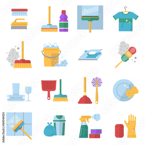 Cleaning service symbols. Different colored tools in cartoon style. Brush and soap