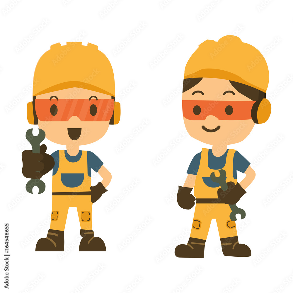 construction worker holding a spanner or wrench. technician. vector illustrator