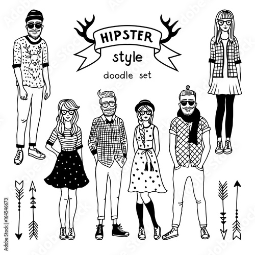 Hand drawn illustration of funky fashioned hipsters characters. Happy male and female. Vector monochrome pictures