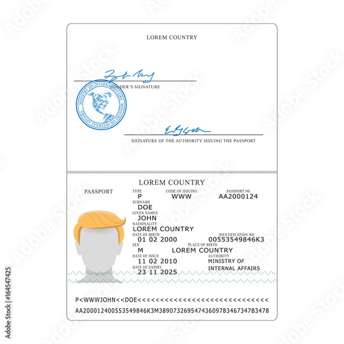 International Passport Vector. Opened Passport Page Blank Template. Identification Document.