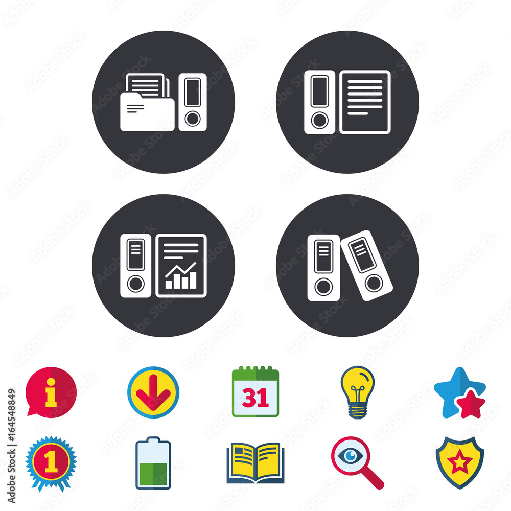Accounting report icons. Document storage in folders sign symbols. Calendar, Information and Download signs. Stars, Award and Book icons. Light bulb, Shield and Search. Vector Accounting report icons. Document storage in folders sign symbols. Calendar, Information and Download signs. Stars, Award and Book icons. Light bulb, Shield and Search. Vector