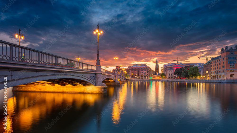 Stockholm. Panoramic image of old town Stockholm, Sweden during sunset.