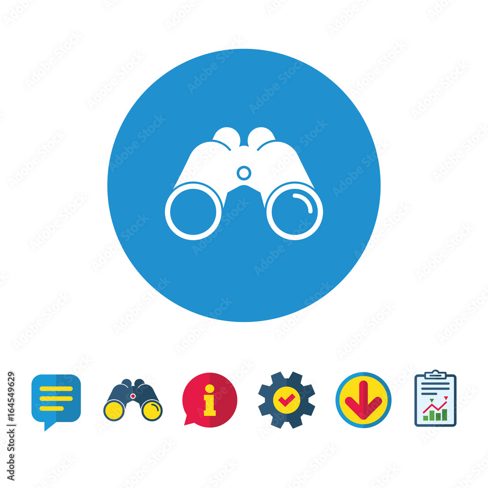 Binoculars icon. Find software sign. Spy equipment symbol. Information, Report and Speech bubble signs. Binoculars, Service and Download icons. Vector Binoculars icon. Find software sign. Spy equipment symbol. Information, Report and Speech bubble signs. Binoculars, Service and Download icons. Vector