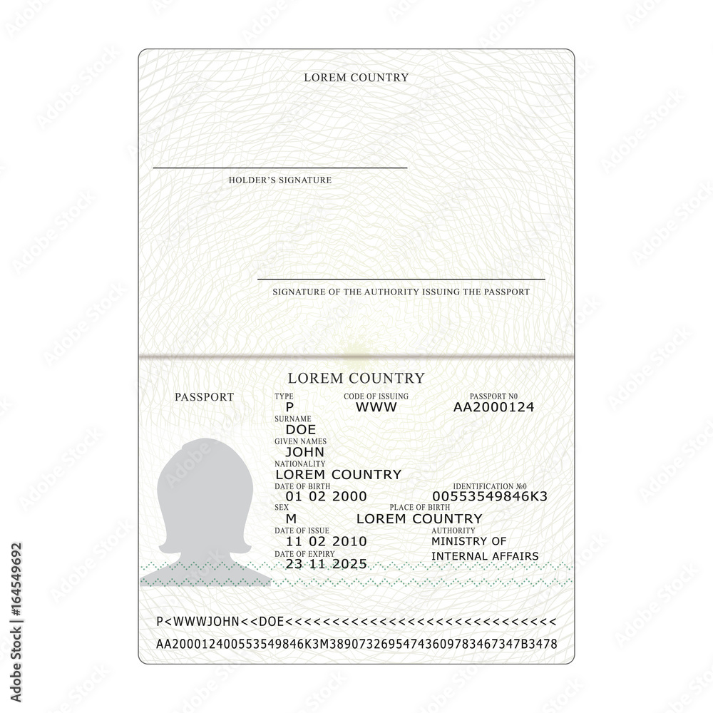 International female passport template with sample of photo, signature and other