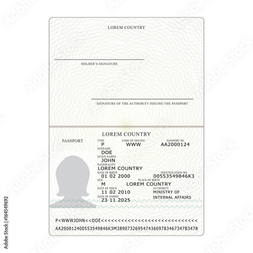 International Passport Vector. Opened Passport Page Blank Template. Identification Document. Business, Tourism Concept.
