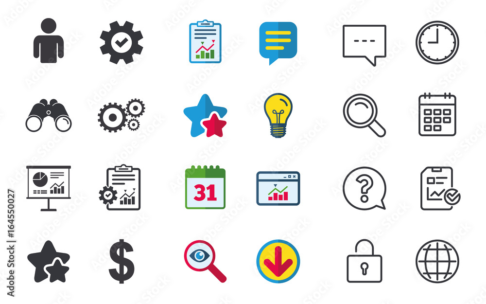 Business icons. Human silhouette and presentation board with charts signs. Dollar currency and gear symbols. Chat, Report and Calendar signs. Stars, Statistics and Download icons. Vector Business icons. Human silhouette and presentation board with charts signs. Dollar currency and gear symbols. Chat, Report and Calendar signs. Stars, Statistics and Download icons. Vector