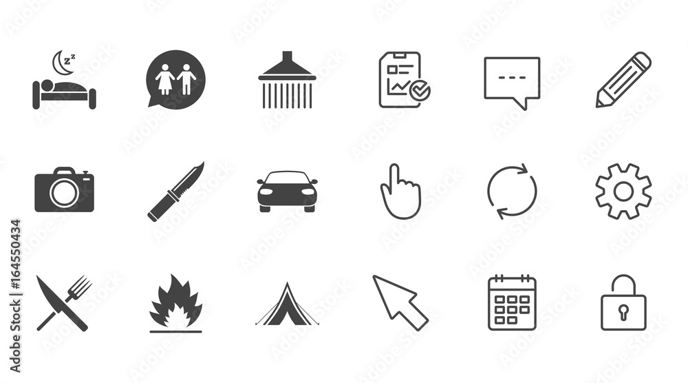 Hiking trip icons. Camping, shower and wc toilet signs. Tourist tent, fork and knife symbols. Chat, Report and Calendar line signs. Service, Pencil and Locker icons. Click, Rotation and Cursor. Vector