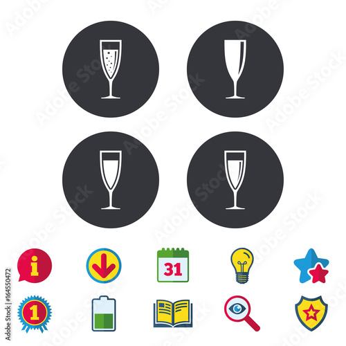 Champagne wine glasses icons. Alcohol drinks sign symbols. Sparkling wine with bubbles. Calendar  Information and Download signs. Stars  Award and Book icons. Light bulb  Shield and Search. Vector