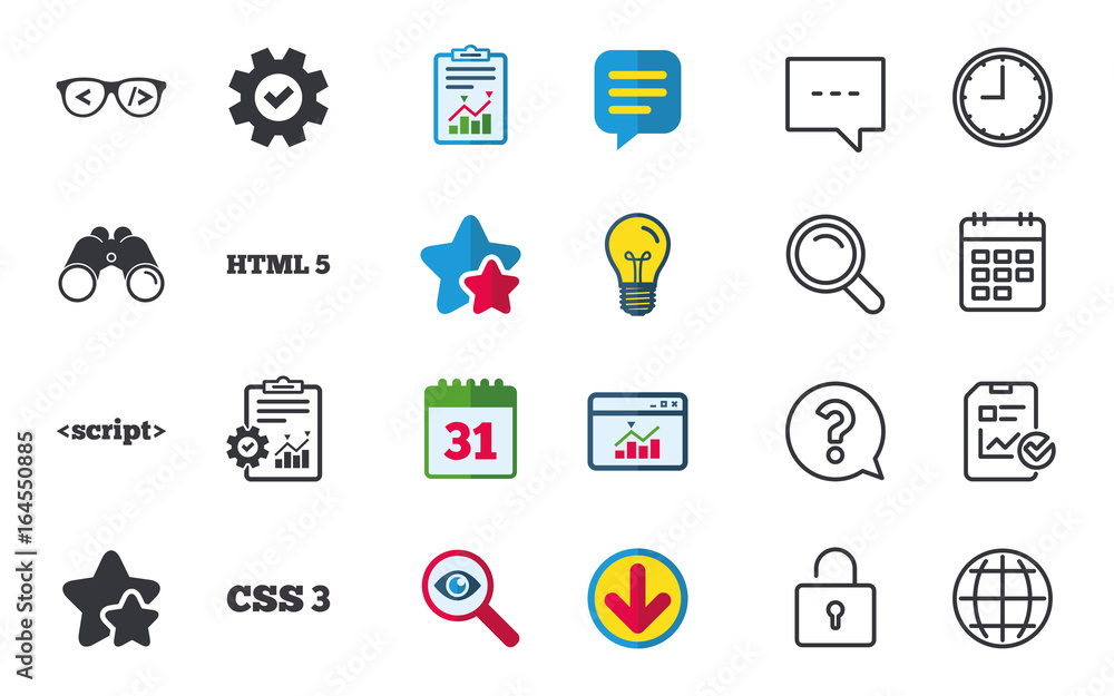 Programmer coder glasses icon. HTML5 markup language and CSS3 cascading style sheets sign symbols. Chat, Report and Calendar signs. Stars, Statistics and Download icons. Question, Clock and Globe Programmer coder glasses icon. HTML5 markup language and CSS3 cascading style sheets sign symbols. Chat, Report and Calendar signs. Stars, Statistics and Download icons. Question, Clock and Globe