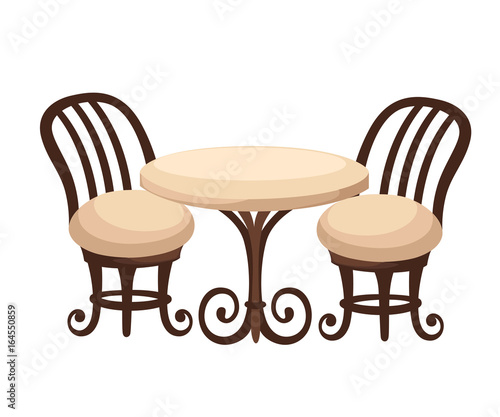 Round dinner table for two with white cloth and red wooden chairs. Flat style illustration. Web site page and mobile app design.