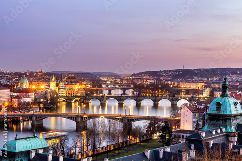 View of the most important bridges in Prague: Charles bridge, Palace bridge, Railway bridge, Legion bridge, Manes bridge, Jirasek bridge. Czechia photo