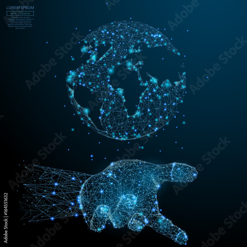 Abstract image of a planet earth in the palm in the form of a starry sky or space, consisting of points, lines, and shapes in the form of planets, stars and the universe. Vector business