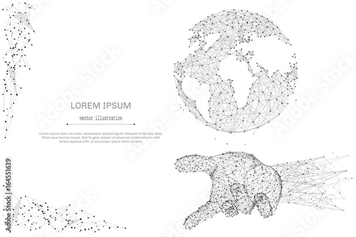 Abstract mash line and point planet earth in the palm on white background with an inscription. Starry sky or space, consisting of stars and the universe. Vector business illustration