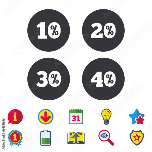 Sale discount icons. Special offer price signs. 10, 20, 30 and 40 percent off reduction symbols. Calendar, Information and Download signs. Stars, Award and Book icons. Light bulb, Shield and Search