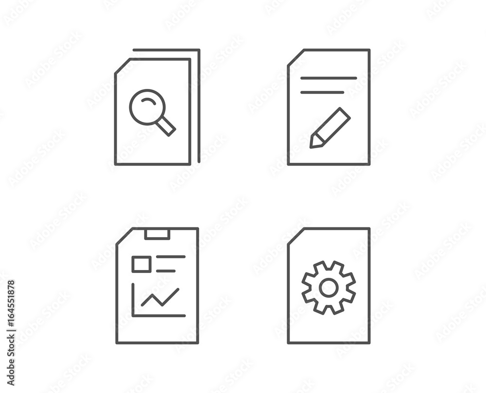 Document, Report and Edit file line icons. Document Management, Search and Service signs. Quality design elements. Editable stroke. Vector Document, Report and Edit file line icons. Document Management, Search and Service signs. Quality design elements. Editable stroke. Vector