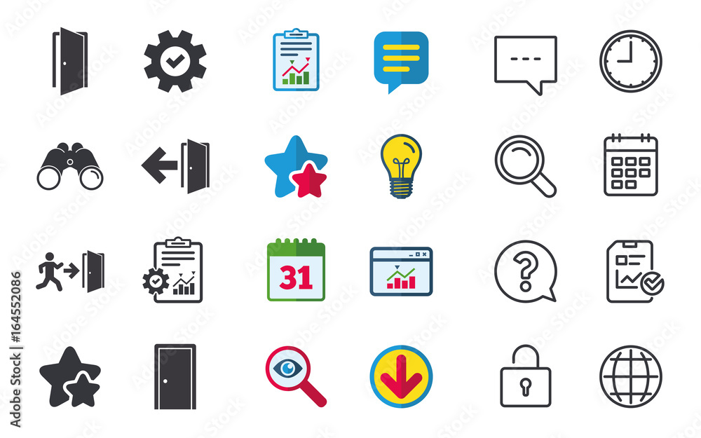 Doors icons. Emergency exit with human figure and arrow symbols. Fire exit signs. Chat, Report and Calendar signs. Stars, Statistics and Download icons. Question, Clock and Globe. Vector Doors icons. Emergency exit with human figure and arrow symbols. Fire exit signs. Chat, Report and Calendar signs. Stars, Statistics and Download icons. Question, Clock and Globe. Vector